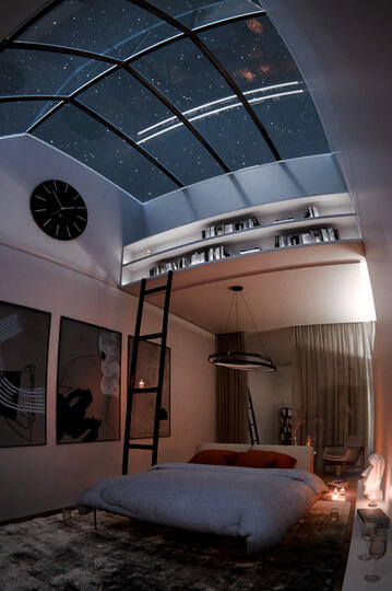 Stargazing room depicting a room with a skylight that shows a starry night sky. There are a number of items in the room including a bed, light is coming from the right-side and from a couple of candles spread around.