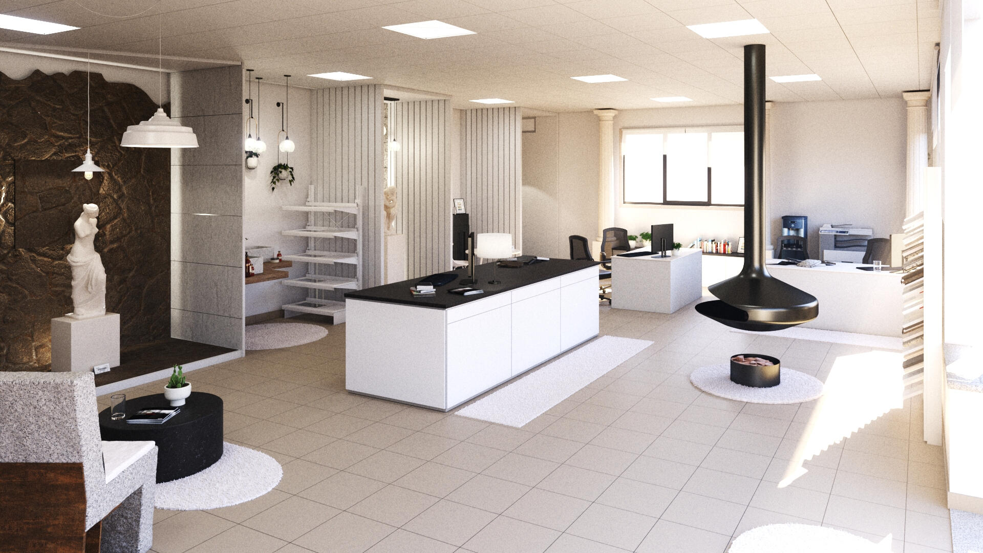 Bar area and fireplace